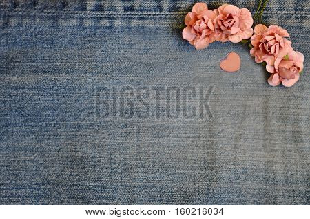 on jeans background laid roses and hearts. Backgrounds Valentine's Day. Wedding background. love card