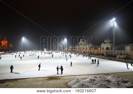 BUDAPEST, HUNGARY - DECEMBER 15, 2015: City Park ice rink in Budapest, Hungary. It is Europe's largest outdoor ice rink.