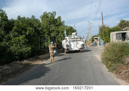 TYR, LEBANON-OCTOBER 18:Unidentified UN vehicle on patrol on October 18, 2006 in Tyr, Lebanon