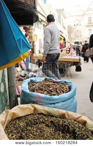Bags of spices on the market in Tripoli Libia - 25. march 2010