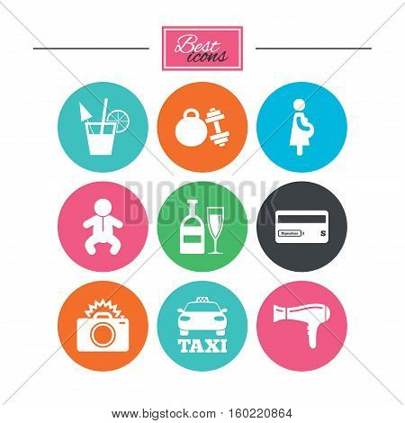 Hotel, apartment service icons. Fitness gym. Alcohol cocktail, taxi and hairdryer symbols. Colorful flat buttons with icons. Vector