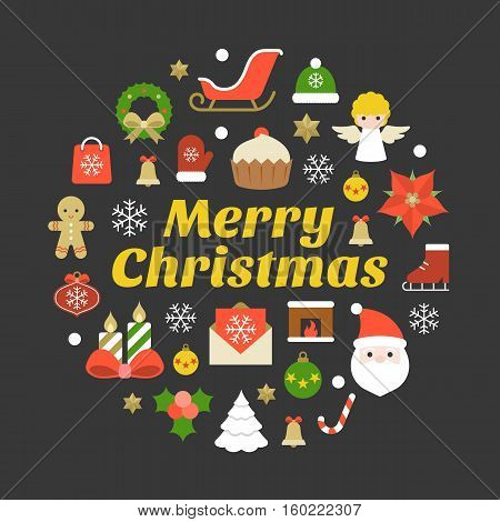 Merry christmas typography font and icon on black background, flat design poster pictogram