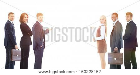 Portrait of happy smiling young business people showing blank ar
