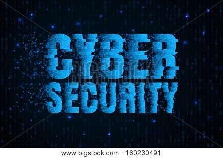 Cyber security blue text on a background of binary code.
