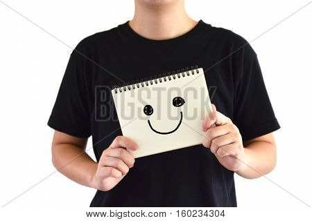 Asian man wear black shirt ,with smile on paper and white background
