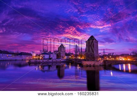 Strasbourg, medieval bridge Ponts Couverts is located in the historic district 