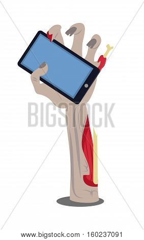 Broken zombie hand sticking out of the ground with modern mobile phone flat vector isolated on white. Social communications of living dead. Humorous concept of human mass consumerism, halloween party decor