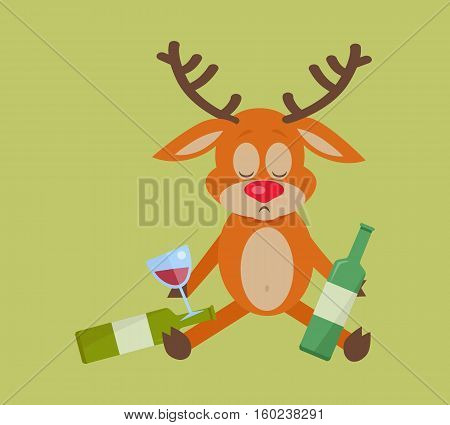 Deer with bottle of wine isolated on green. A lot of empty bottles on floor. Drunk with alcohol. Alcohol addicted reindeer with bottles of beer. Alcoholism. Vector illustration in flat style.
