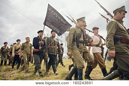 POKROVSKOE SVERDLOVSK OBLAST RUSSIA - JULY 17 2016: Historical reenactment of Russian Civil war in the Urals in 1919.