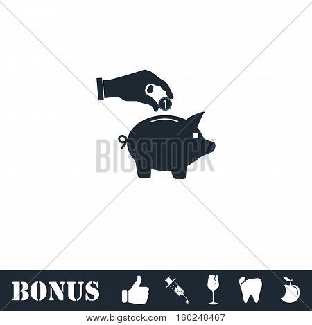 Hand pick down coin into pig money box icon flat. Vector illustration symbol and bonus pictogram