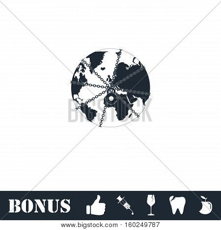 Earth globe in strong chain icon flat. Vector illustration symbol and bonus pictogram