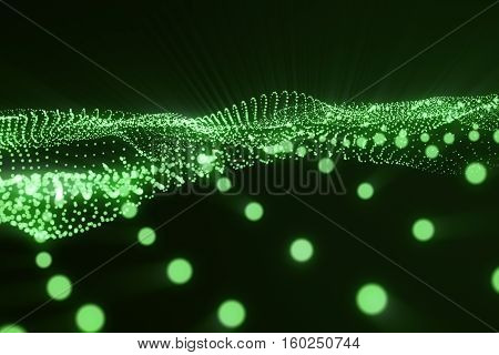 3d rendering landscape background. Cyberspace landscape grid. 3d technology. Abstract green landscape on black background with light rays