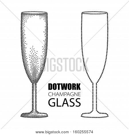 Vector illustration with dotted champagne glass or flute in black isolated on white background. Transparent champagne glass for wine, winery and restaurant design in dotwork style.