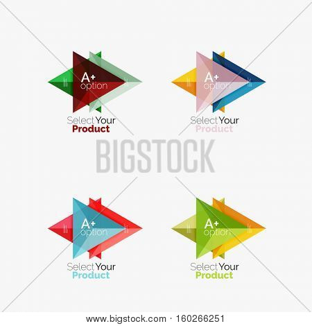 Set of triangle option infographic layouts. Select your product concept, make a choice idea