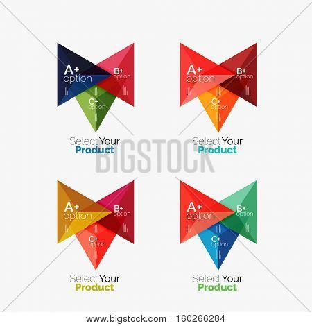 Set of triangle option infographic layouts. Select your product concept, make a choice idea