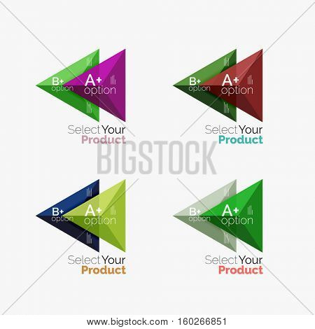 Set of triangle option infographic layouts. Select your product concept, make a choice idea