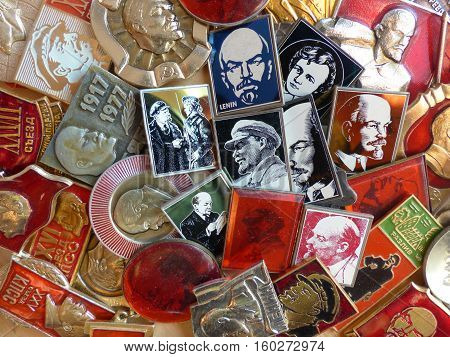 Yekaterinburg, Russia - December 6, 2016: Soviet badges depicting Vladimir Lenin. Collection. Close-up. Faleristics. Background