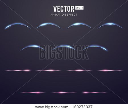 Realistic light effect lens flare animation frames set for games. Vector illustration. Light curve and straight colorful, neon element light