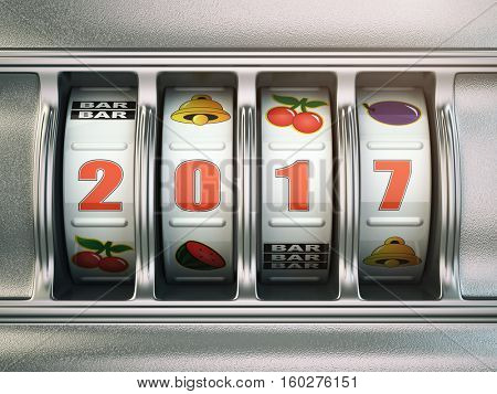 Happy New Year 2017 in casino. Slot machine with number 2017. 3d illustration