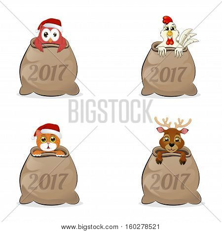 Greeting Cards animals bag cat owlet rooster and deer vector illustration