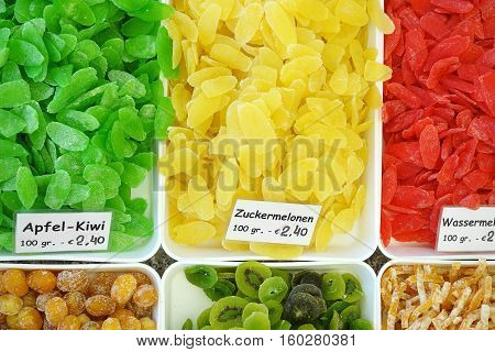 Dried fruit for sale at the Naschmarkt in Vienna Austria