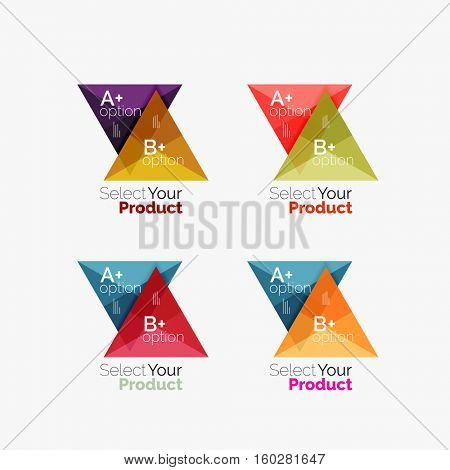 Set of triangle option infographic layouts. Select your product concept, make a choice idea