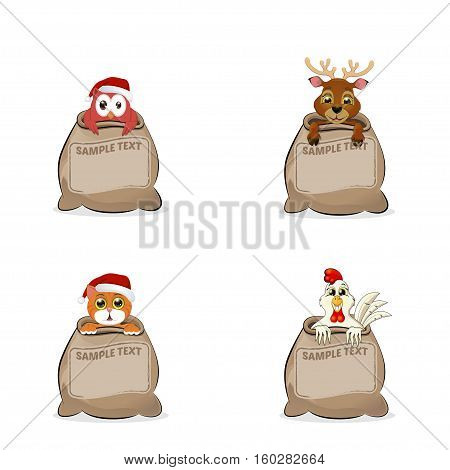 Greeting Cards animals bag cat owlet rooster and deer vector illustration