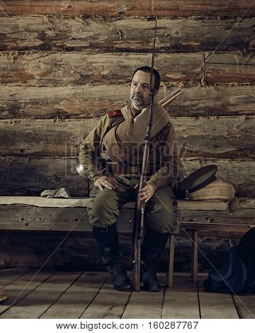 PERM RUSSIA - JULY 30 2016: Historical reenactment. Russion soldier of Worl war I.