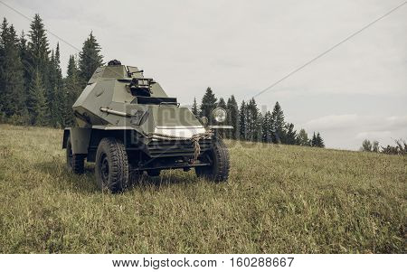 PERM RUSSIA - JULY 30 2016: Historical reenactment of World War II summer 1942. Soviet armored car