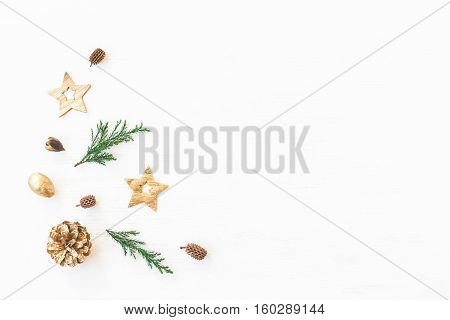 Christmas composition. Christmas decoration cypress branches pine cones. Flat lay top view