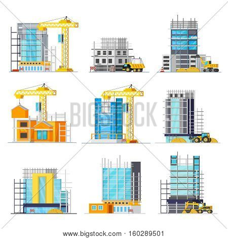 Orthogonal icons set with construction of buildings from glass and concrete scaffolding and machineries isolated vector illustration