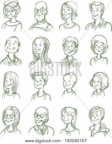 Set of hand drawn monochrome portraits of smiling adults and children of various age isolated vector illustration