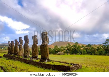 Beautiful Moai statues overlooking Easter Island Chile