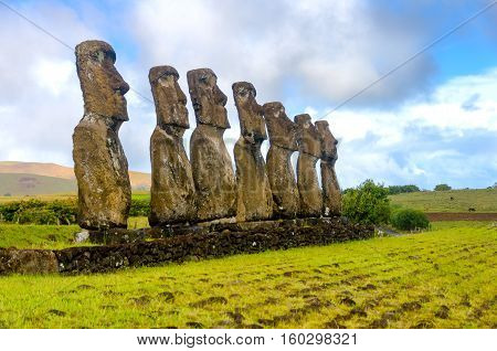 Seven Moai statues watching over Easter Island Chile