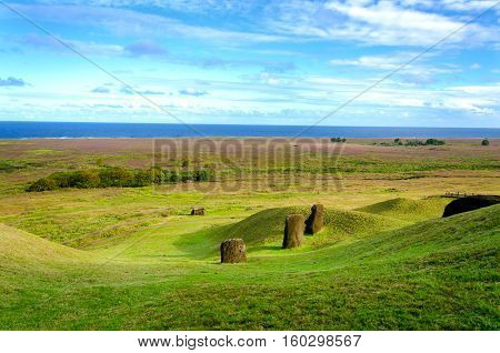 Moai looking out towards the Pacific Ocean on Easter Island Chile