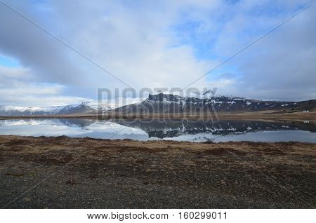 Iceland mountains reflecting in a lake in the country