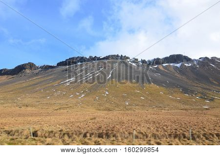Mountain foothills in Iceland with lots of fields.