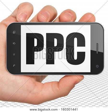 Advertising concept: Hand Holding Smartphone with black text PPC on display, 3D rendering