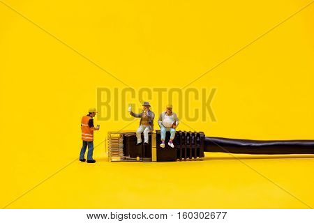 Technicians resting and talking during break. Macro photo