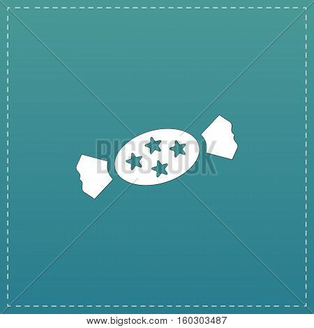 Candy with star. White flat icon with black stroke on blue background