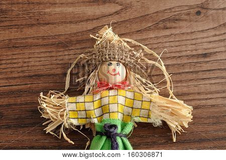 A smiling scarecrow isolated against a wooden background