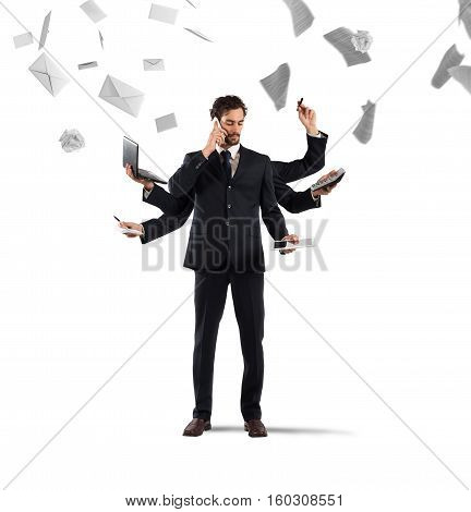 Businessman that to solve problems become multitasking with sheets and letters on background