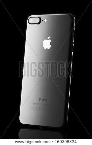 Varna Bulgaria - December 04 2016: Studio shot of a black Iphone 7 plus with Dual 12 MP Camera quad-core 223 GHz and 1080 x 1920 pixels Display Resolution