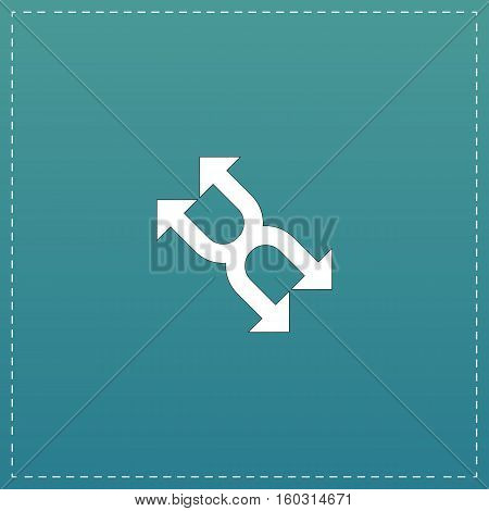 Fourfold Arrow. White flat icon with black stroke on blue background