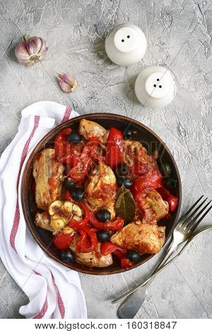 Chicken Stewed In Tomato Sauce With Bell Pepper,onion And Olives.top View.