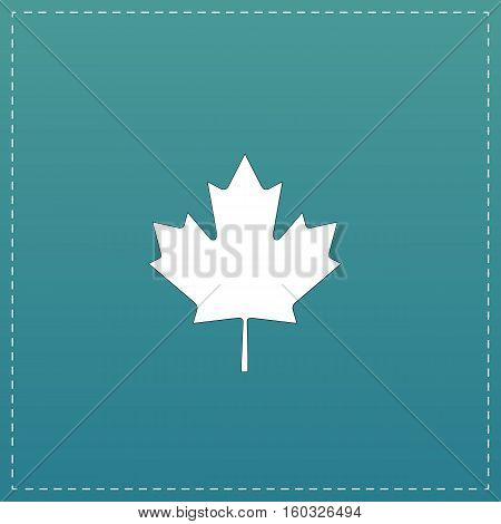Simple maple leaf. White flat icon with black stroke on blue background