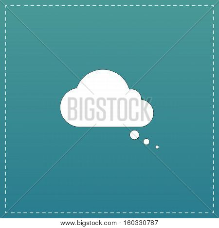 Cloud thought. White flat icon with black stroke on blue background