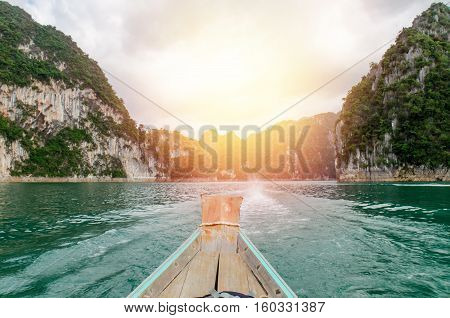 Wooden Boat On Ratchaprapha Dam Khao Sok National Park, Surat Thani Province, Thailand