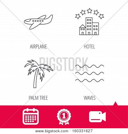 Achievement and video cam signs. Airplane, waves and palm tree icons. Hotel linear sign. Calendar icon. Vector