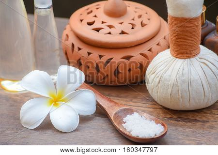 Spa Massage Compress Balls, Herbal Ball On The Wooden With Treaments Spa , Thailand, Soft And Select